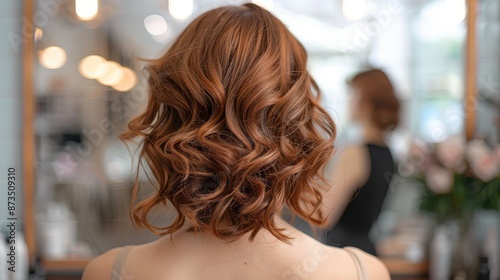 The image presents a curly red bob hairstyle in a well-lit studio setting. The vibrant hair color and waves are emphasized by the salon's ambiance, suggesting a modern and chic style. photo