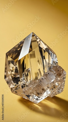 a single quartz crystal is featured on a pure yellow b background