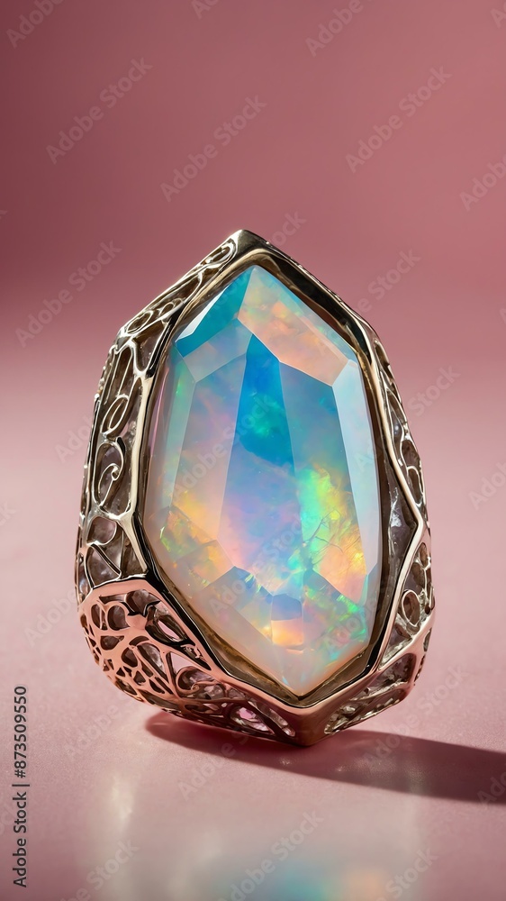 a single opal crystal is featured on a pure pink backg background a single opal crystal is featured on a pure pink backg background
