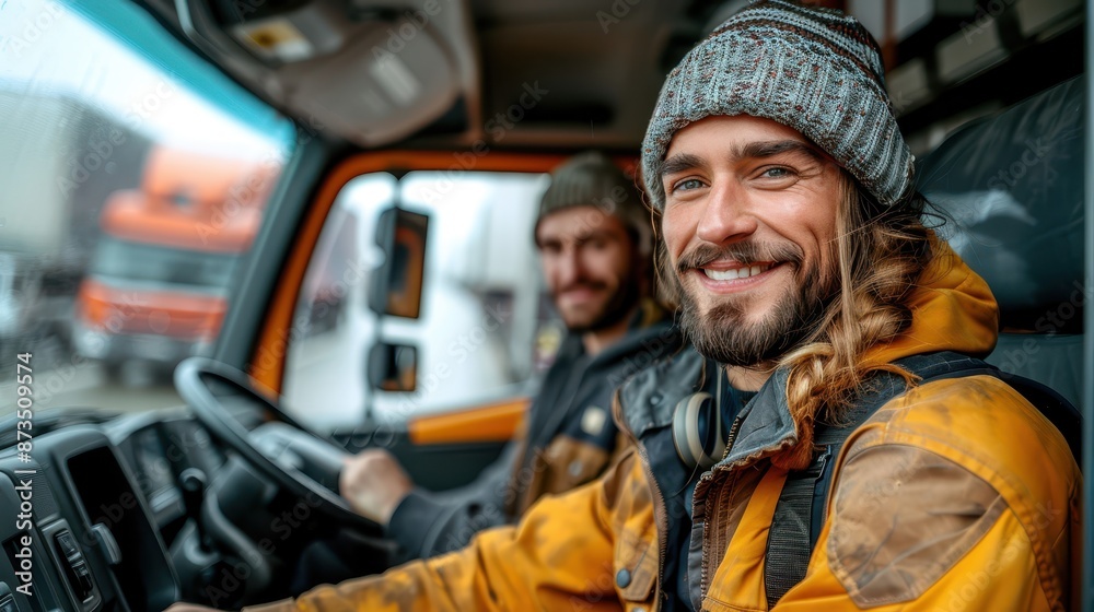 This image showcases two joyful truck drivers within a truck cab, donned in warm attire, including beanie hats and jackets, ready to embark on or continue their travel adventure. This image showcases two joyful truck drivers within a truck cab, donned in warm attire, including beanie hats and jackets, ready to embark on or continue their travel adventure.