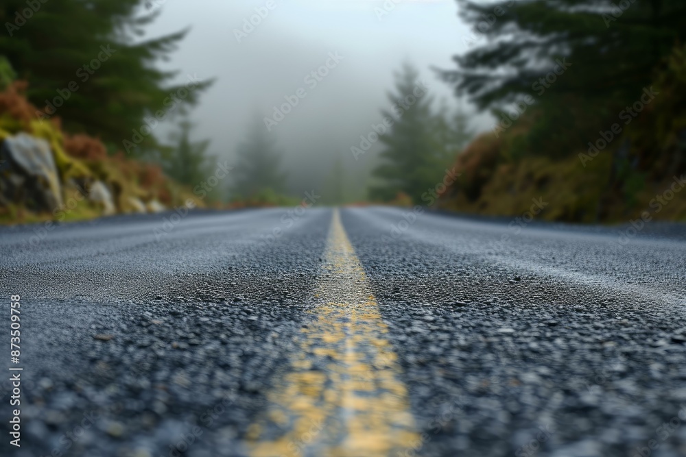Close-up of a wet asphalt road leading into a foggy forest, focusing on the yellow line Close-up of a wet asphalt road leading into a foggy forest, focusing on the yellow line