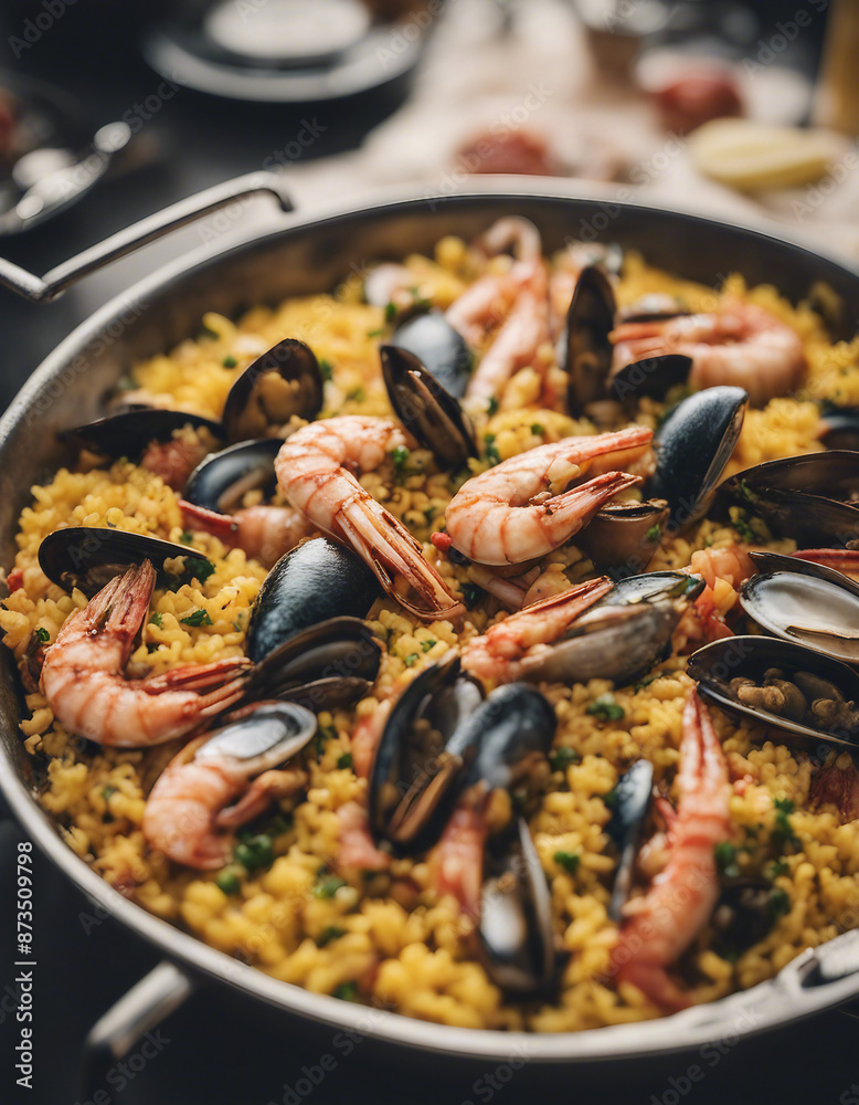 Traditional Spanish seafood paella, blurry background. Traditional Spanish seafood paella, blurry background.