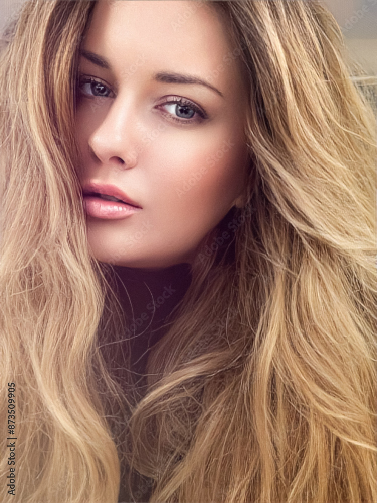 Obraz premium Beautiful modern blonde woman with volume hairstyle, long luxurious hair and beauty makeup, glamorous look face portrait for luxury fashion and natural cosmetics idea