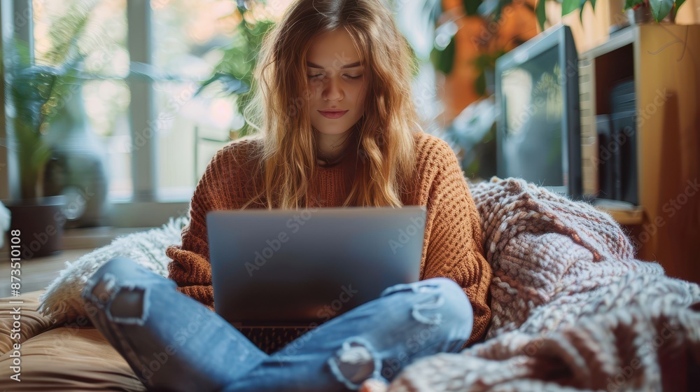 A young woman in a warm, inviting home environment sits cross-legged, engrossed in her laptop, reflecting a serene and productive atmosphere with rustic vibes. A young woman in a warm, inviting home environment sits cross-legged, engrossed in her laptop, reflecting a serene and productive atmosphere with rustic vibes.