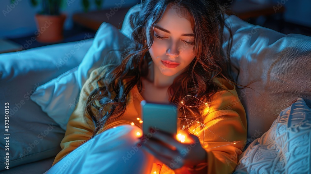 A woman relaxed on a couch, enveloped in soft light, focuses on her phone. The scene is a tranquil blend of modern technology and warmth, creating a cozy atmosphere. A woman relaxed on a couch, enveloped in soft light, focuses on her phone. The scene is a tranquil blend of modern technology and warmth, creating a cozy atmosphere.