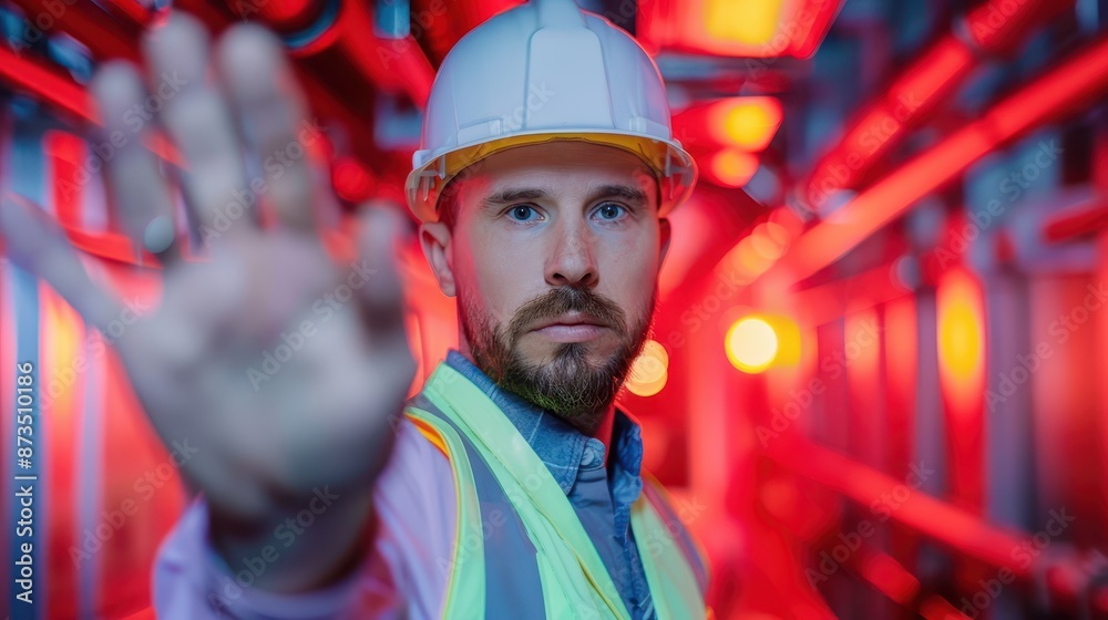 A construction worker wearing a safety vest and helmet is standing in a tunnel with a serious expression, his hand raised as if signaling to stop work for safety. A construction worker wearing a safety vest and helmet is standing in a tunnel with a serious expression, his hand raised as if signaling to stop work for safety.