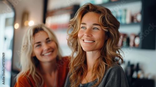 A woman with wavy hair is smiling radiantly in a salon while her friend, also smiling, stands blurred in the background, with modern decor surrounding them.