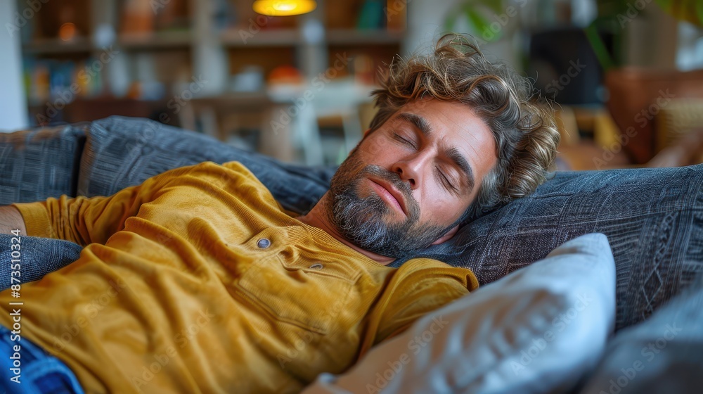 A person in a mustard yellow shirt is comfortably lounging on a grey couch with soft pillows, encapsulated in a serene atmosphere filled with warm lighting and cozy vibes. A person in a mustard yellow shirt is comfortably lounging on a grey couch with soft pillows, encapsulated in a serene atmosphere filled with warm lighting and cozy vibes.