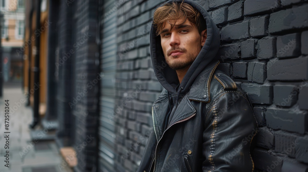 Man in a hooded leather jacket leans against a brick wall, appearing contemplative and exuding rugged confidence, symbolizing urban fashion and introspective thought. Man in a hooded leather jacket leans against a brick wall, appearing contemplative and exuding rugged confidence, symbolizing urban fashion and introspective thought.