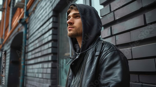 Wallpaper Mural A young man stands against a brick wall in an urban environment, dressed in a hoodie and leather jacket, embodying a sense of introspection and modern style. Torontodigital.ca