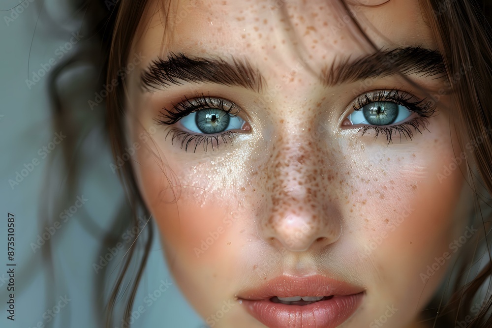 A close-up portrait of a young woman with sparkling freckles and captivating blue eyes, perfect for beauty, skincare, and lifestyle themes. A close-up portrait of a young woman with sparkling freckles and captivating blue eyes, perfect for beauty, skincare, and lifestyle themes.