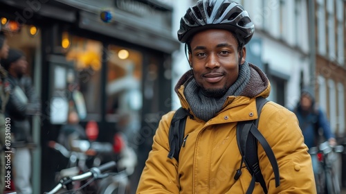 A young man wearing a helmet and yellow jacket is smiling while standing with his bicycle on a busy street, showcasing an active urban lifestyle.