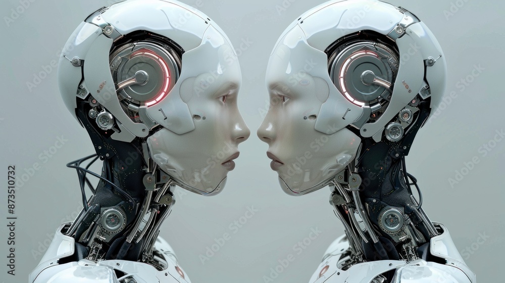 2 humanoid robots facing each other with gray background 2 humanoid robots facing each other with gray background