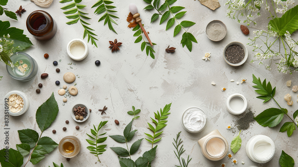 Natural cosmetics are beautifully arranged on a table, accompanied by fresh green leaves. Natural cosmetics are beautifully arranged on a table, accompanied by fresh green leaves.