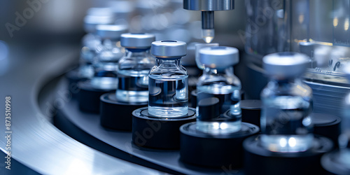 Industrial Filling of Clear Liquid Vials with Silver Caps in a Modern Pharmaceutical Production Line
High-Tech Automated System for Filling Glass Vials with Clear Solution in a Pharmaceutical Facility