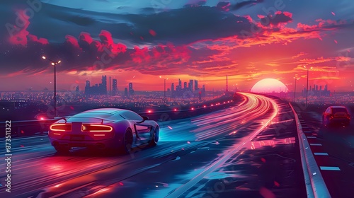 A futuristic sports car driving on a wet highway at sunset, ideal for showcasing automotive excellence, urban adventure, and modern lifestyle themes.