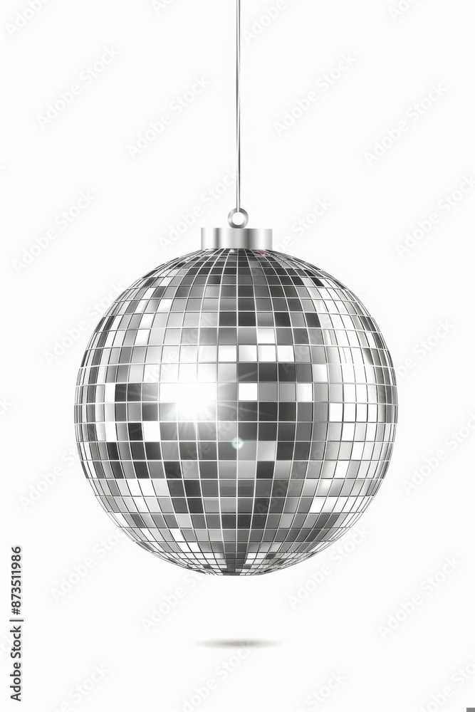 Fototapeta premium Shiny Silver Disco Ball Hanging with Reflective Tiles on White Background