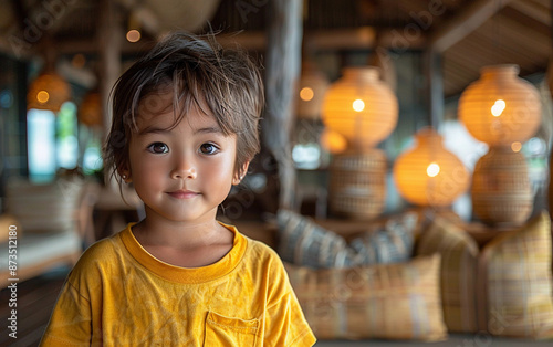A young Micronesian boy in a yellow shirt, with dark hair and eyes, stares at the camera in a tropical setting. Woven light fixtures are blurred behind him © imagineRbc