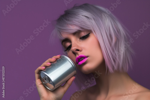 Beautiful white woman with soda can on color background