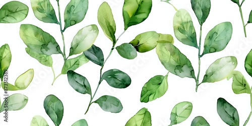 A seamless watercolor pattern of green leaves on a white background, ideal for use in design projects like textiles, wallpapers, and digital media.