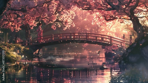 The scene is serene and peaceful, with the water reflecting the pink flowers