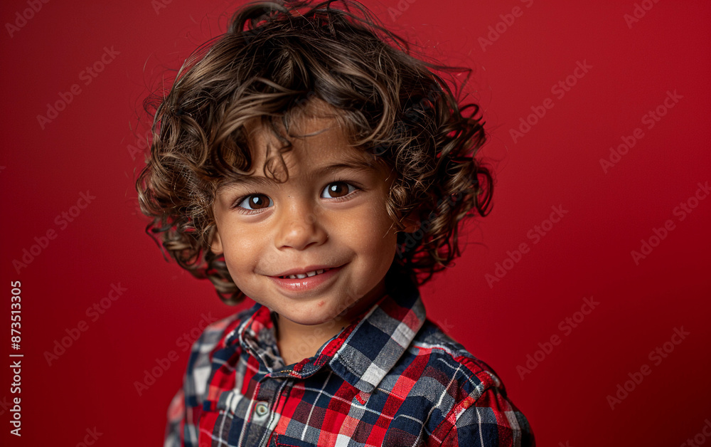 A young toddler with brown curly hair smiles at the camera, wearing a red and blue plaid shirt against a red backdrop