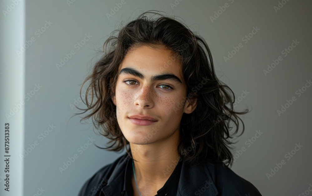 A young Middle Eastern person with long dark hair looks directly at the camera with a serious expression A young Middle Eastern person with long dark hair looks directly at the camera with a serious expression