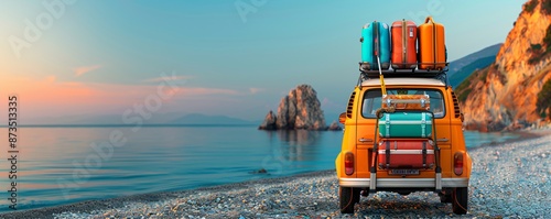 holiday car on the beach, suitcase in the overload trunk, family summer vacations by the sea