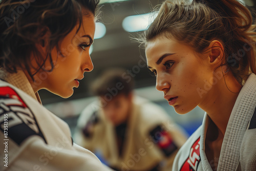 Two women fight in a Brazilian Jiu Jitsu training in a dojo. They wear white judogi photo