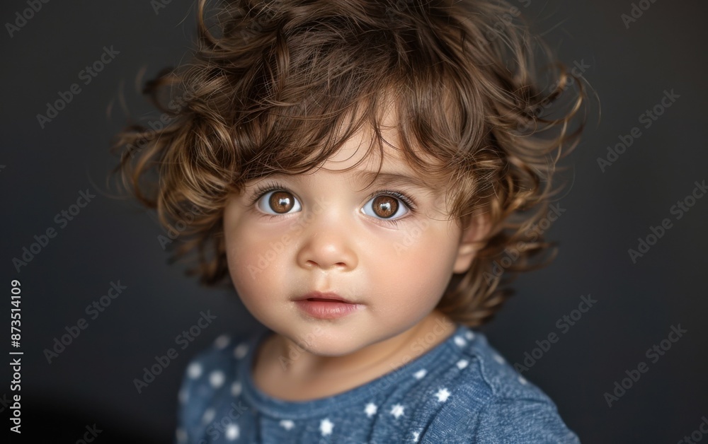 A young toddler with curly brown hair and brown eyes looks directly at the camera A young toddler with curly brown hair and brown eyes looks directly at the camera