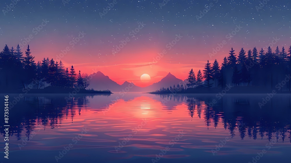 Naklejka premium A serene digital illustration of a lake at sunset, with tranquil waters reflecting the vibrant hues of the sky. Tall pine trees frame the lake, and majestic mountains rise in the background