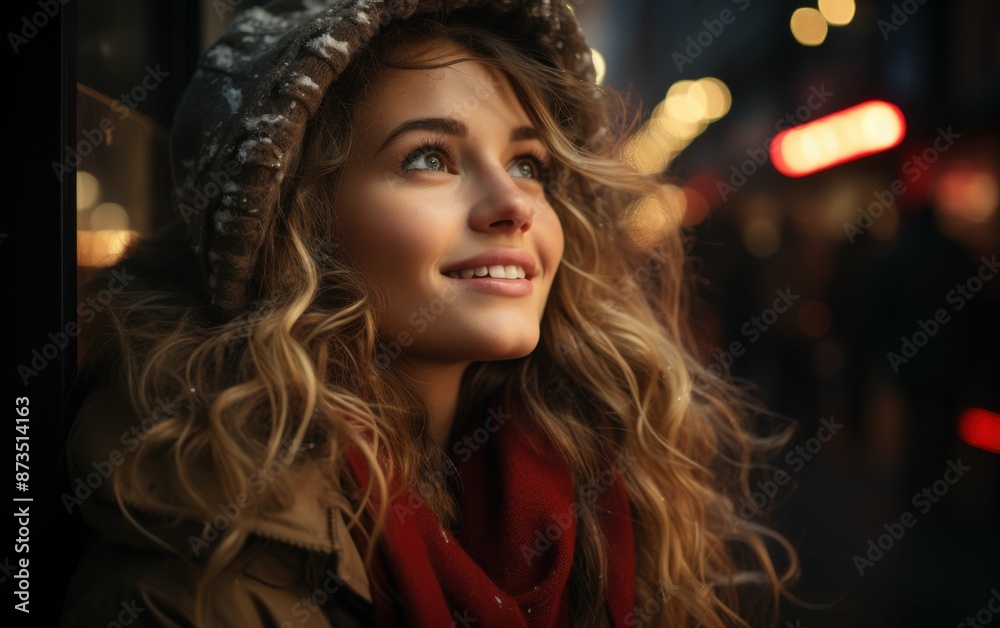 Fototapeta premium A young woman with long, curly hair smiles as she looks up at the city lights on a snowy Christmas night