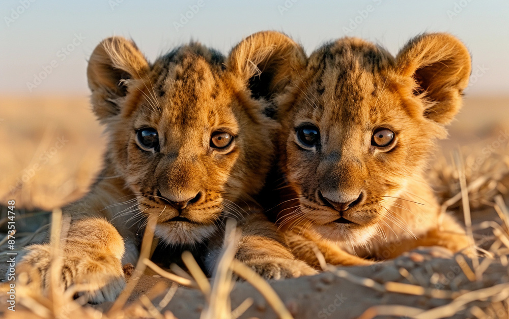 Obraz premium Close-up portrait of two young African lion cubs resting in the grass during the golden hour