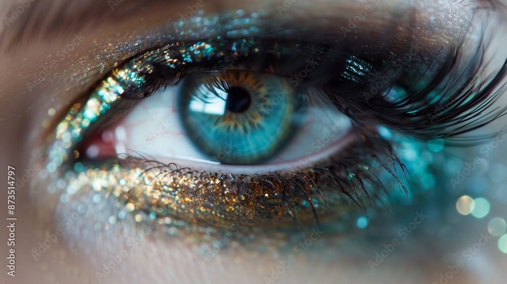 Cosmetics, macro eye make-up. Fashion sea shadows. Cosmetics and beauty care. Macro close-up of beautiful green female eye with bright fashion make-up. Sparkling marine eyeshadows and black eyelashes Cosmetics, macro eye make-up. Fashion sea shadows. Cosmetics and beauty care. Macro close-up of beautiful green female eye with bright fashion make-up. Sparkling marine eyeshadows and black eyelashes