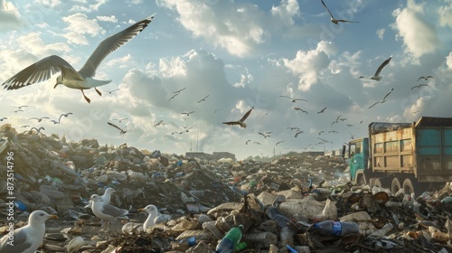 A flock of birds soar above a heap of trash inside a large bin, contrasting the serenity of their flight with the filth below photo