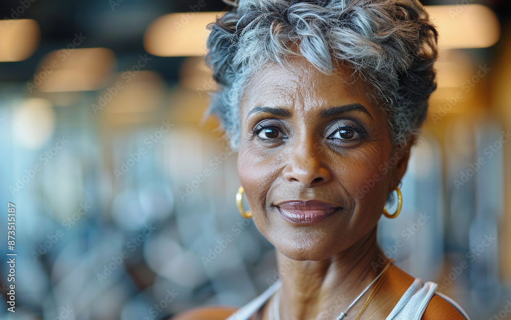 A close-up portrait of an older African American woman with short gray hair. She wears a white tank top and is looking directly at the camera with a confident smile A close-up portrait of an older African American woman with short gray hair. She wears a white tank top and is looking directly at the camera with a confident smile