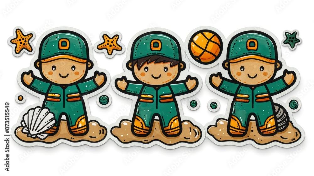A rectangle-shaped beach with seashells, waves and a beach ball on the surface of a grain of sand in a vector style sticker design, A rectangle-shaped beach with seashells, waves and a beach ball on the surface of a grain of sand in a vector style sticker design,