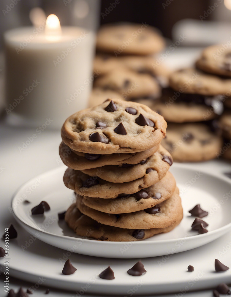 chocolate chip cookies on a white plate, commercial shoot