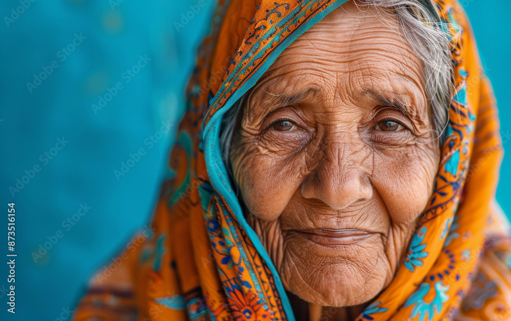 Fototapeta premium A close-up portrait of an elderly Indian woman wearing a patterned orange scarf with turquoise accents. She smiles gently at the camera