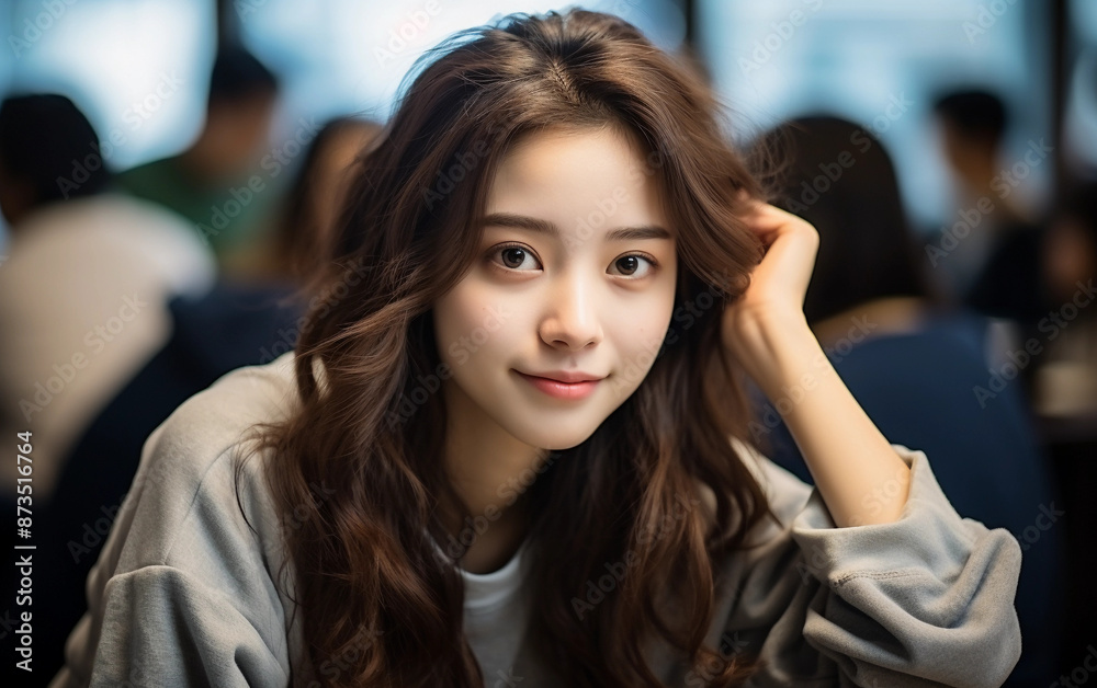 A young teenage girl with long brown hair smiles and looks at the camera while sitting in a classroom setting A young teenage girl with long brown hair smiles and looks at the camera while sitting in a classroom setting