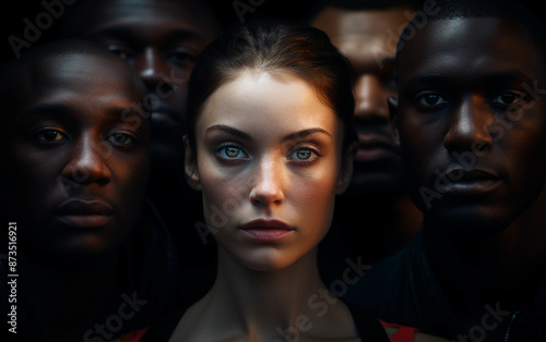 A group of people, showcasing a variety of skin tones and facial features, are depicted in a close-up portrait. They are positioned in a semi-circle, with a woman at the center photo