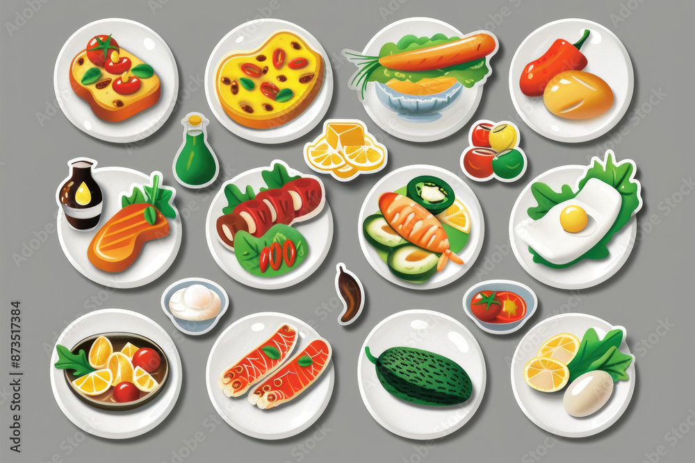 Various foods such as steak, eggs, and vegetables are served on white plates Various foods such as steak, eggs, and vegetables are served on white plates