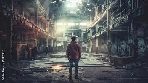 A man in a red jacket stands in the middle of a large, abandoned industrial building with crumbling walls and debris on the floor © sommersby