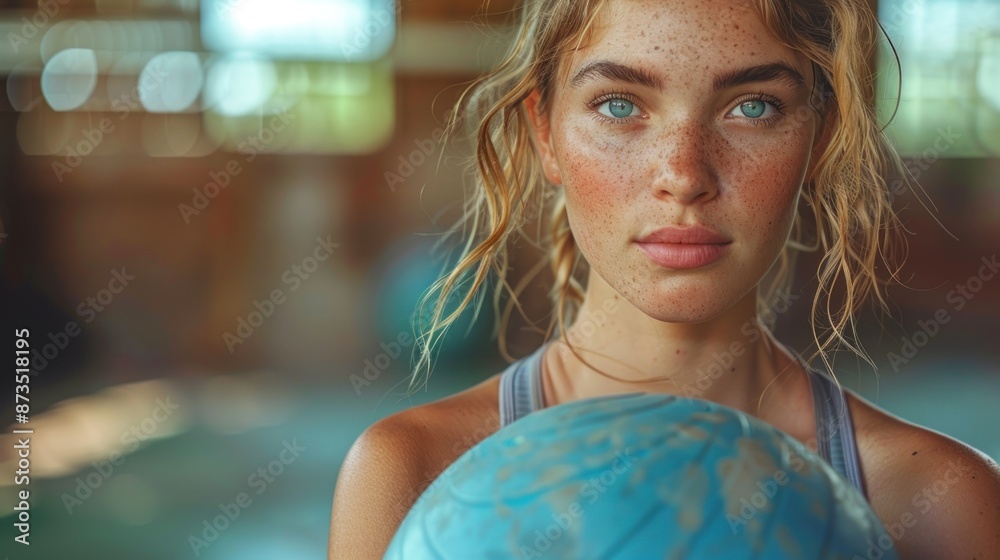 Naklejka premium Young woman with freckles looking at the camera while holding a blue ball