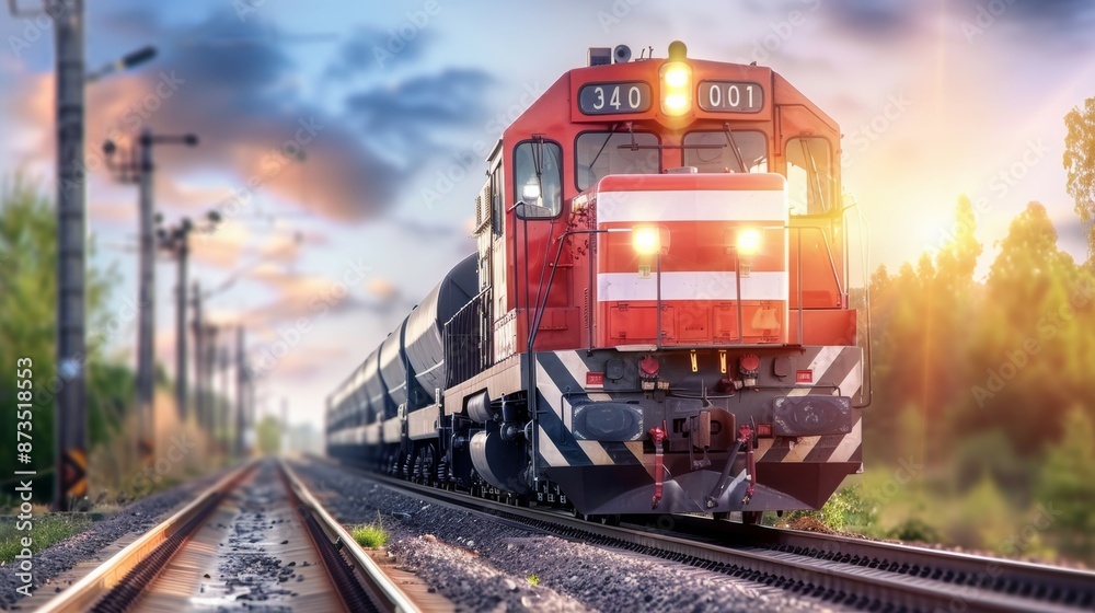 A red and white train is traveling down the tracks A red and white train is traveling down the tracks
