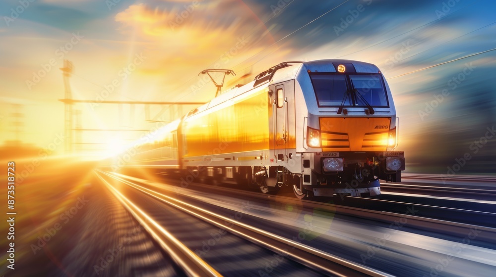 A train is traveling down the tracks with the sun shining on it A train is traveling down the tracks with the sun shining on it