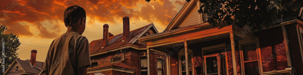 A young boy walks past houses with red brick facades as the sun sets A young boy walks past houses with red brick facades as the sun sets