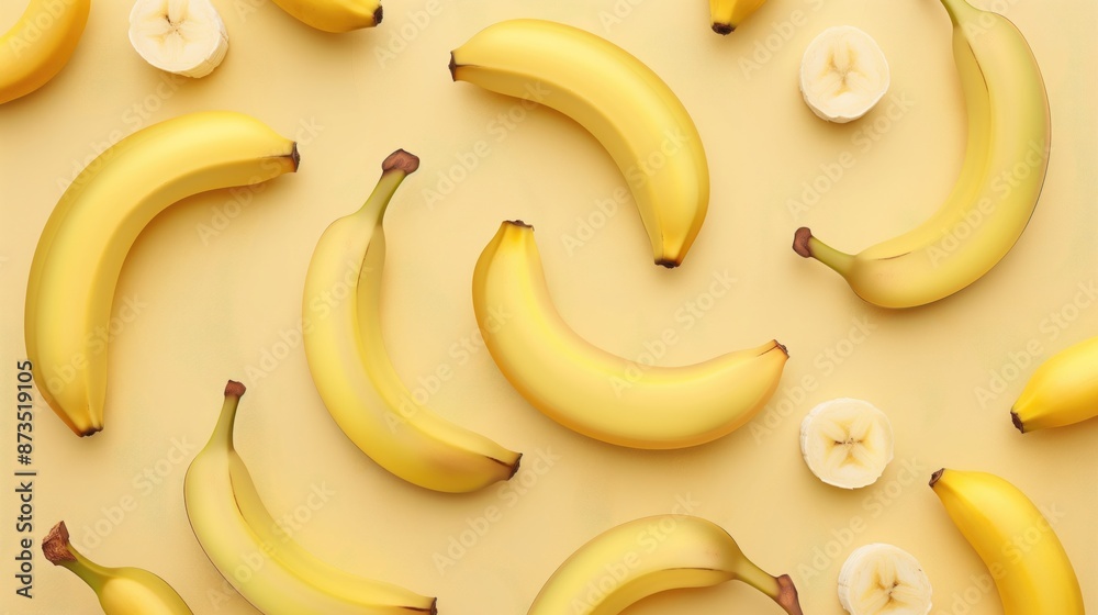 Banana pattern on a yellow background top view Banana pattern on a yellow background top view