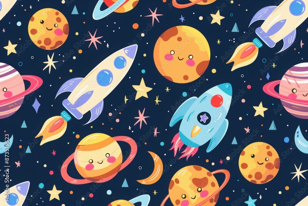 A cute background of cartoon space elements with rockets, planets, and stars with smiling faces on a dark blue background A cute background of cartoon space elements with rockets, planets, and stars with smiling faces on a dark blue background