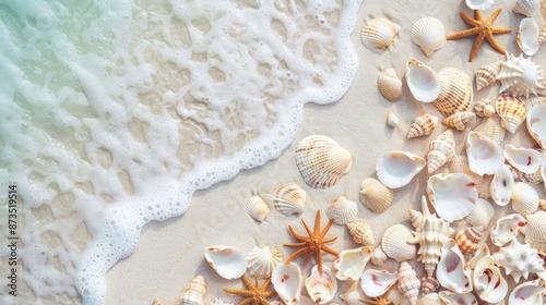 Fototapeta Naklejka Na Ścianę i Meble -  White sandy beach with sea shells background for summer vacation